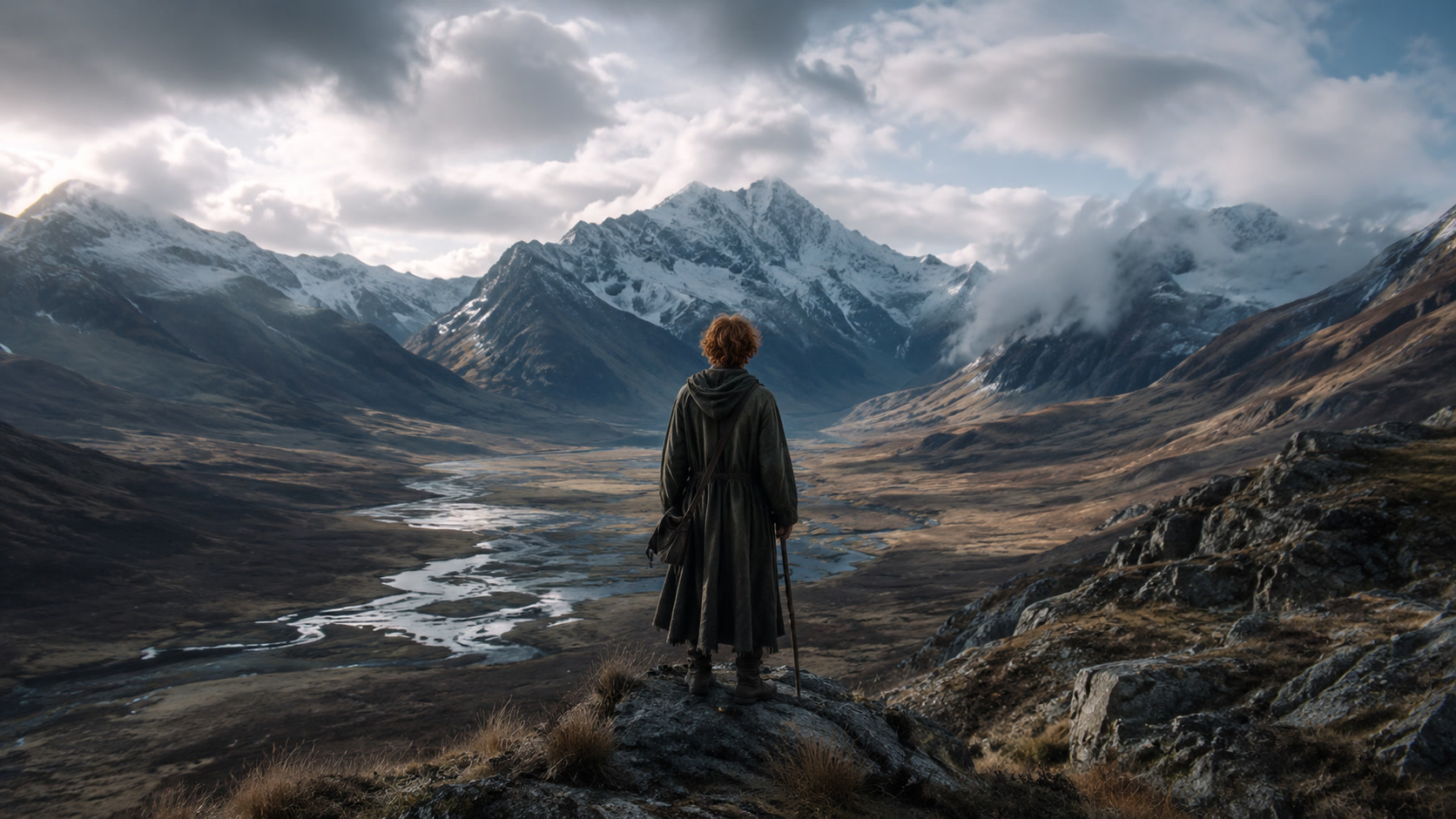 Lone traveler moving through a vast cinematic valley