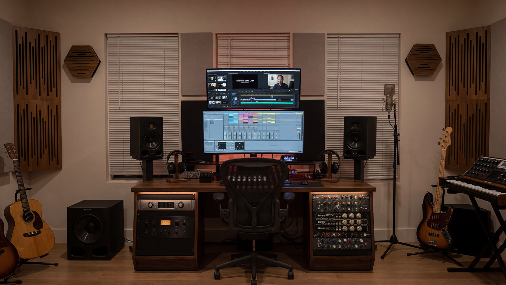 Modern audio studio with cinematic lighting