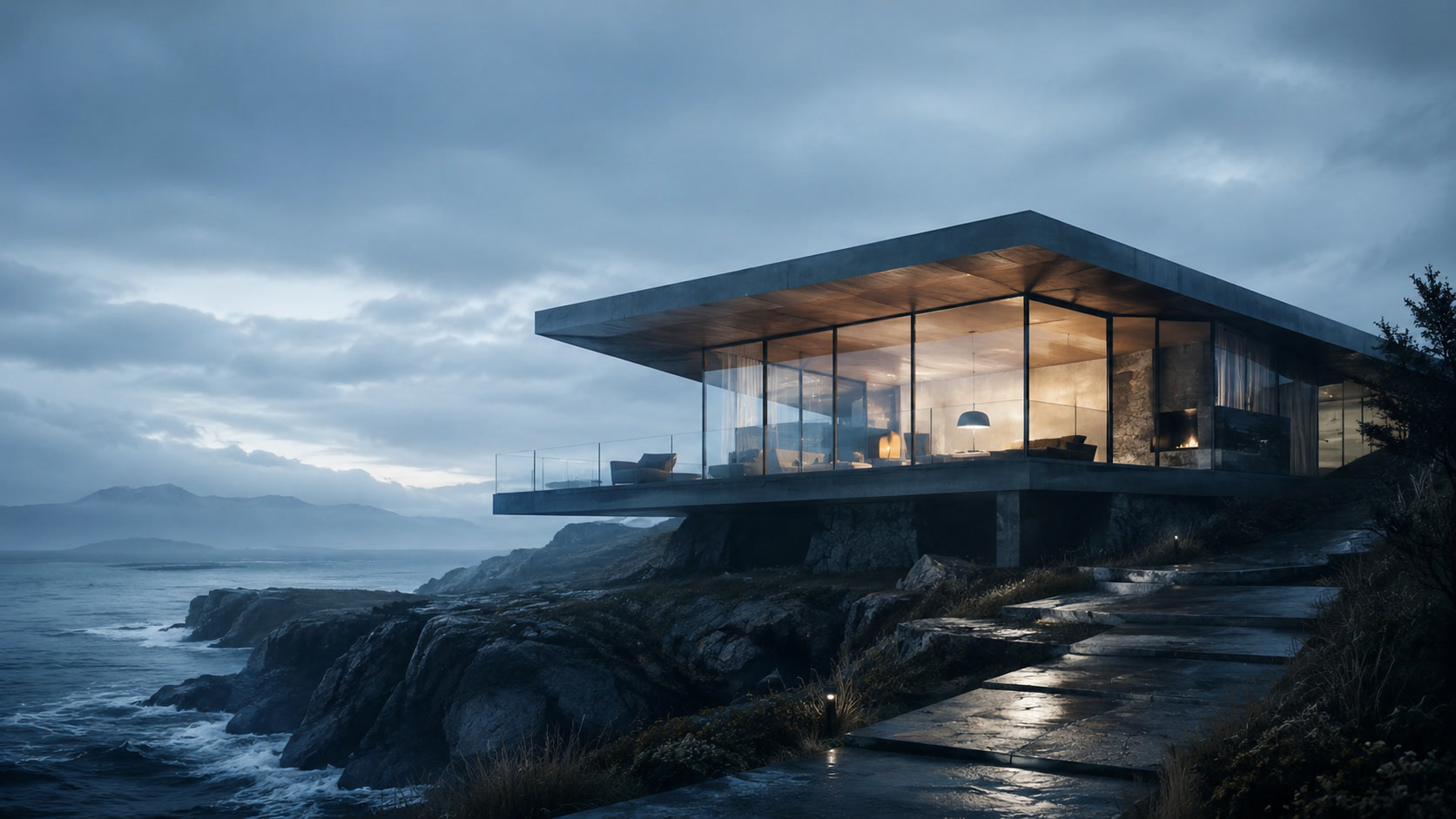 Modern house on rugged cliffs at golden hour