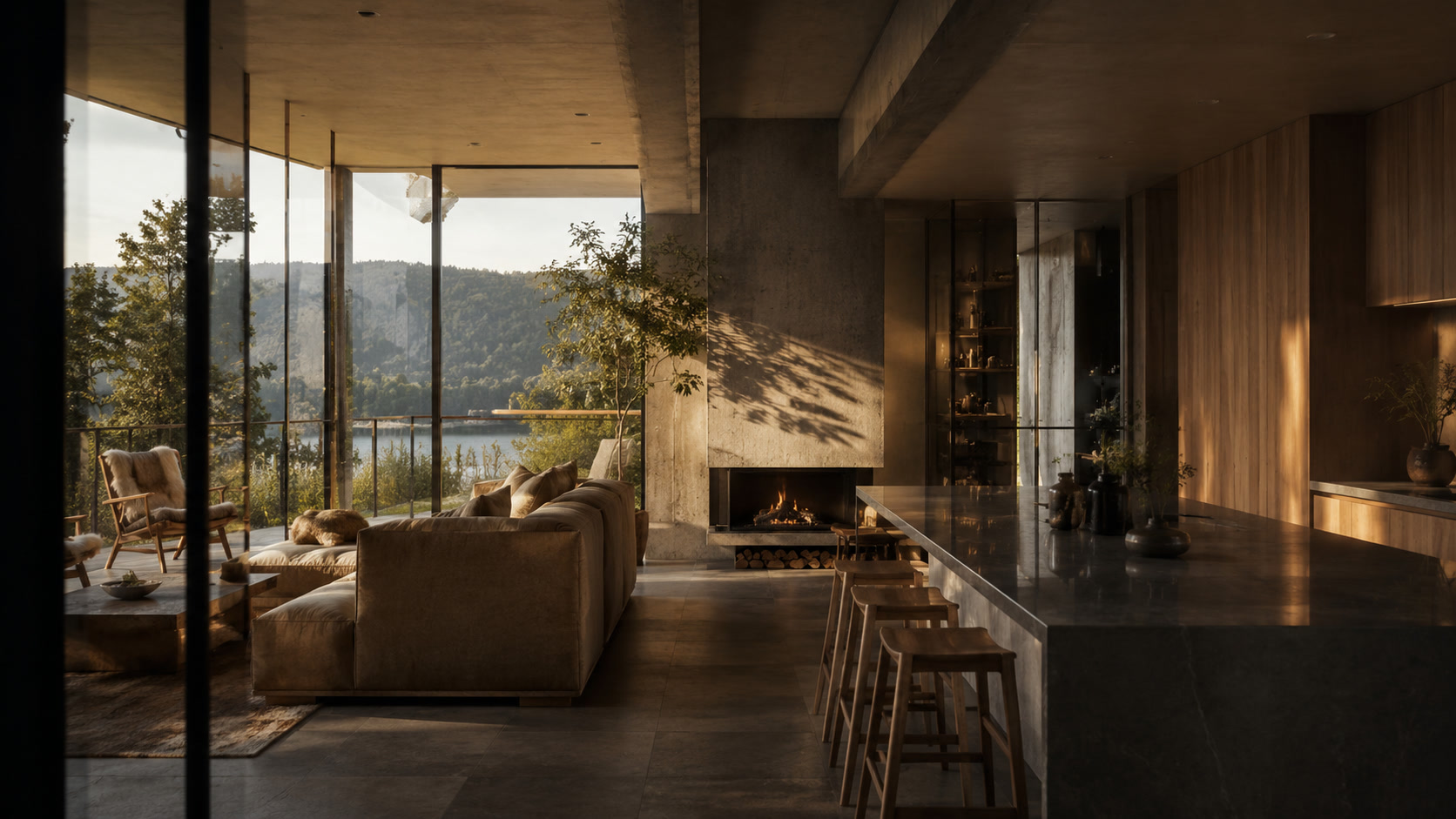 Modern rustic living space with broad outdoor views
