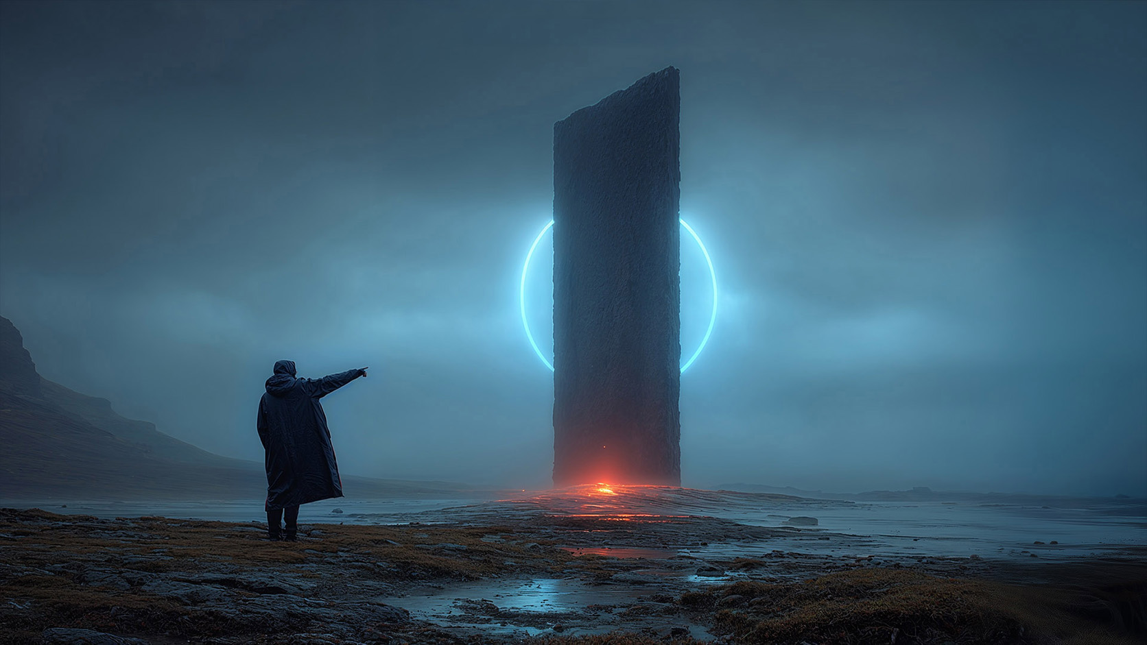 Monolithic cinematic landscape with a solitary figure